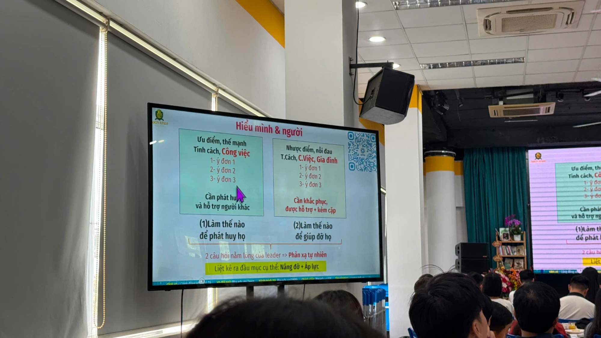 Slide: Hiểu mình và người, hai cột ưu điểm và nhược điểm, hai câu hỏi nằm lòng của leader
